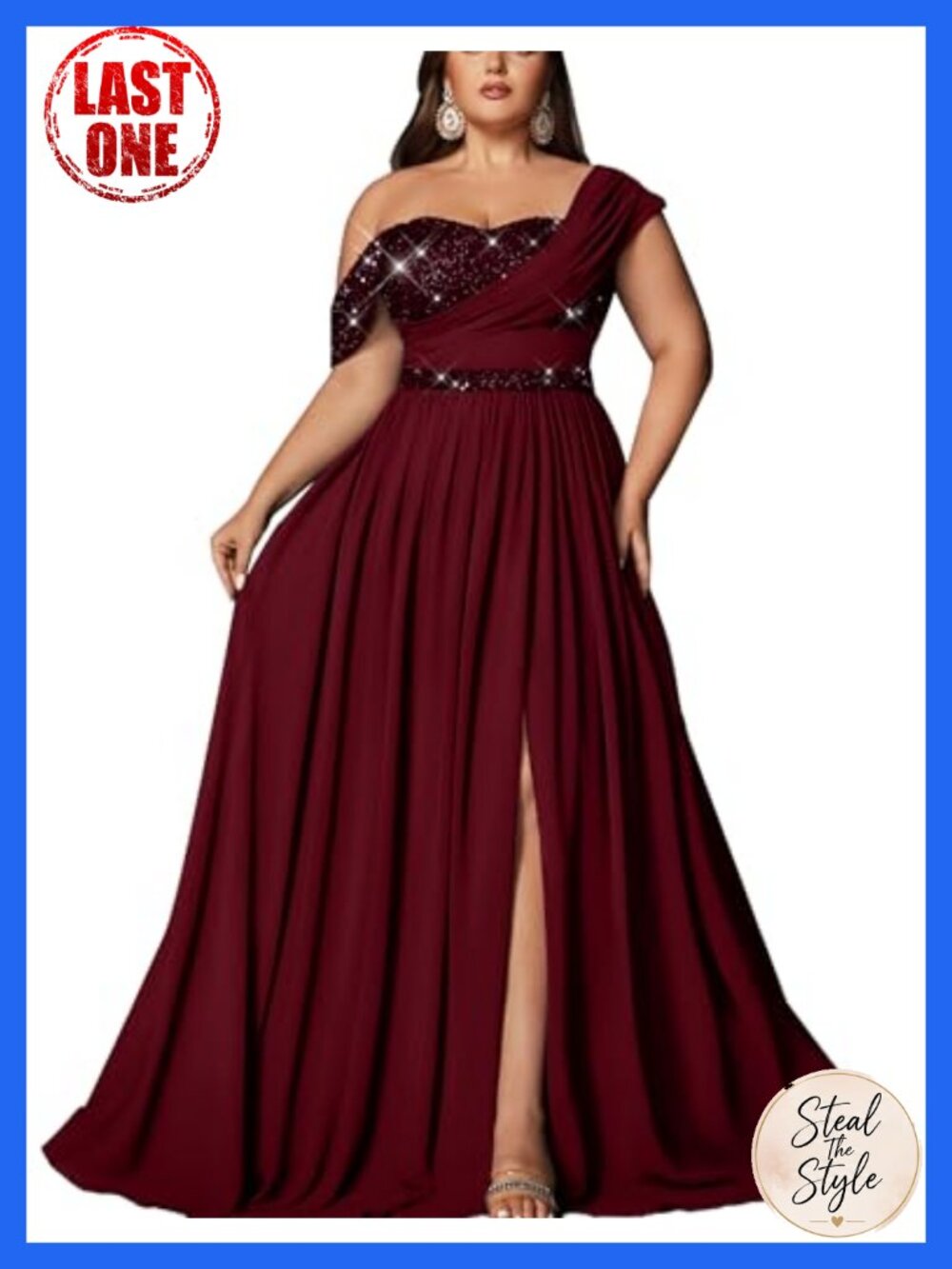 One Shoulder Sequin Chiffon A-Line Maxi Dress Plus Size Formal Prom Bridesmaid